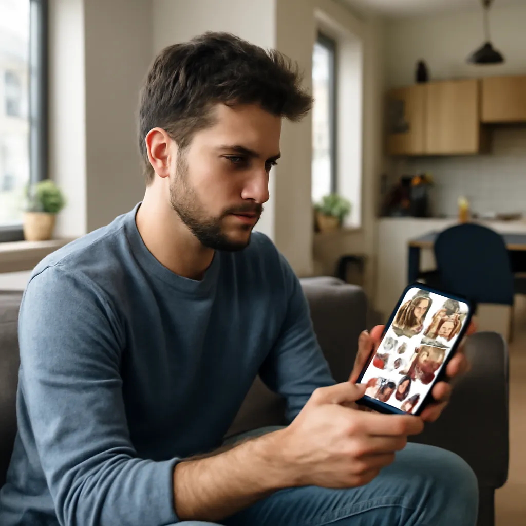 Personne consultant son profil Badoo sur smartphone, interface moderne et minimaliste