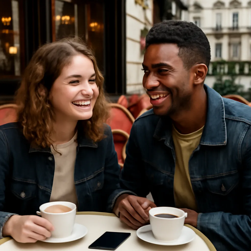 Rencontre d'un couple formé après un match sur une application de rencontre, café parisien