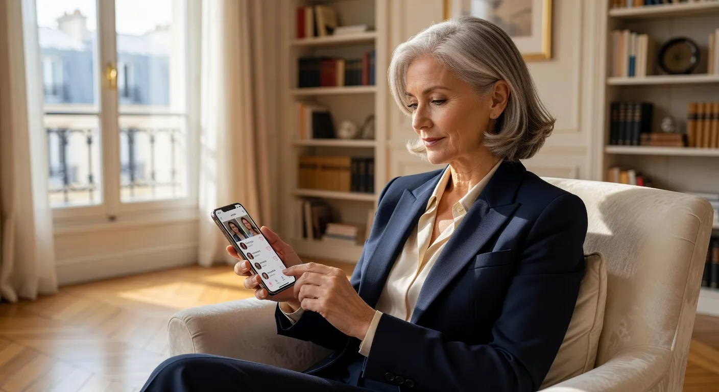 Femme senior consultant Disons Demain sur smartphone, expression sereine dans un intérieur lumineux