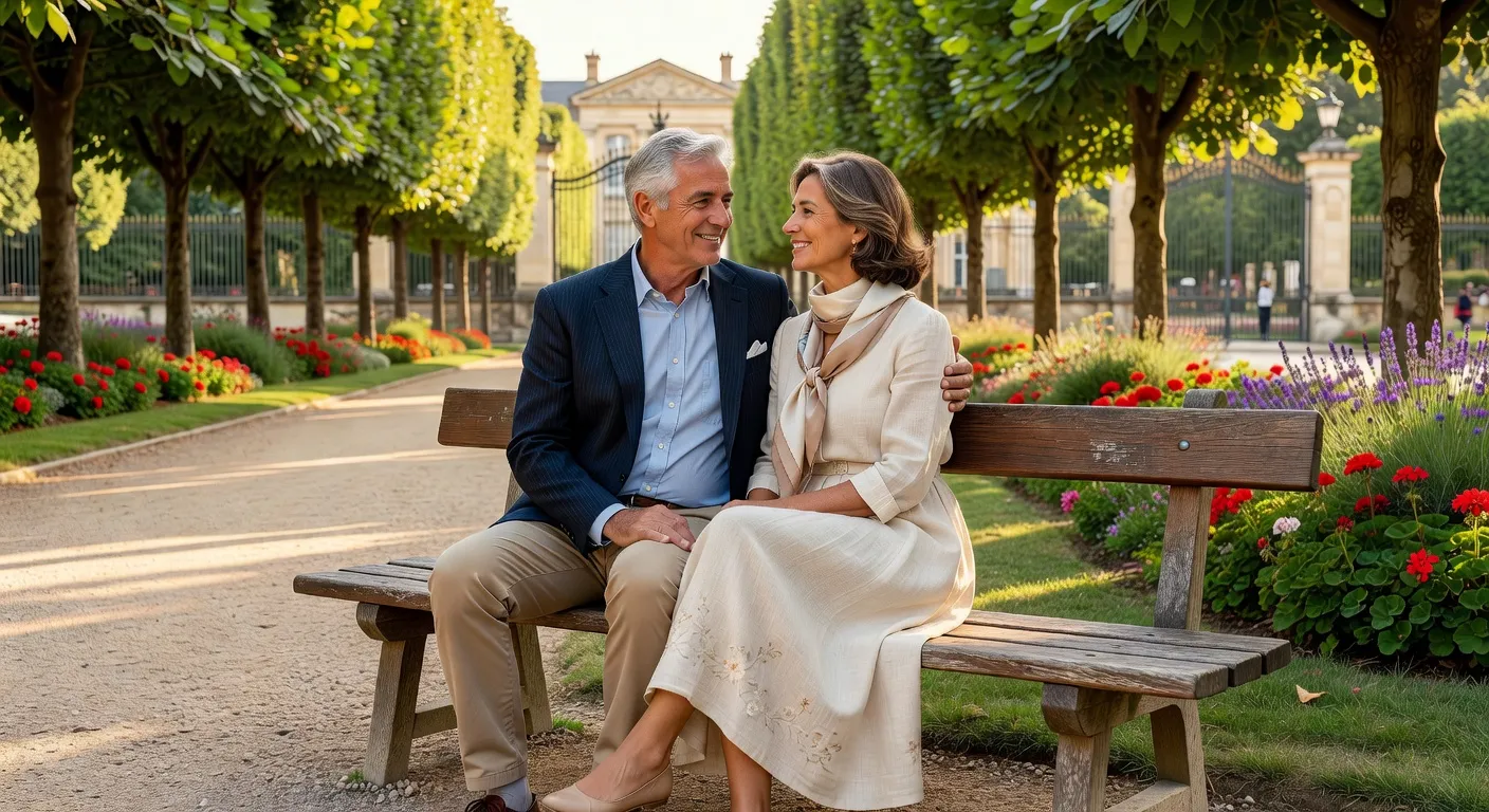 Couple senior souriant lors d'une sortie organisée par Disons Demain dans un parc parisien