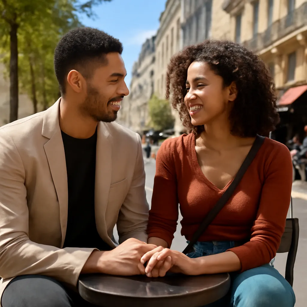Deux jeunes professionnels à Paris en rendez-vous après un match Hinge, terrasse de café