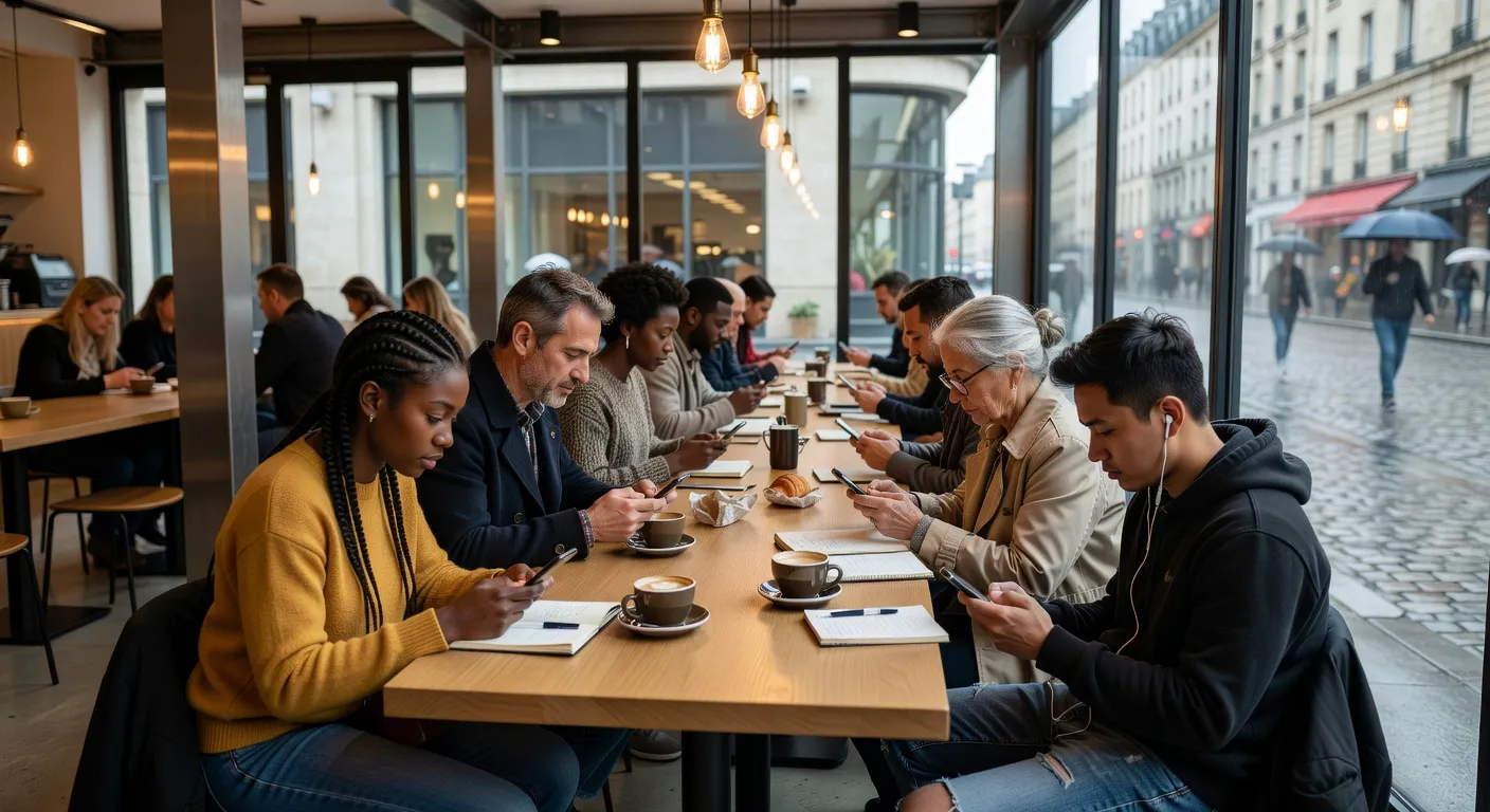 Groupe de Français adultes utilisant leurs smartphones simultanément dans un espace public, concept sociologique des usages numériques