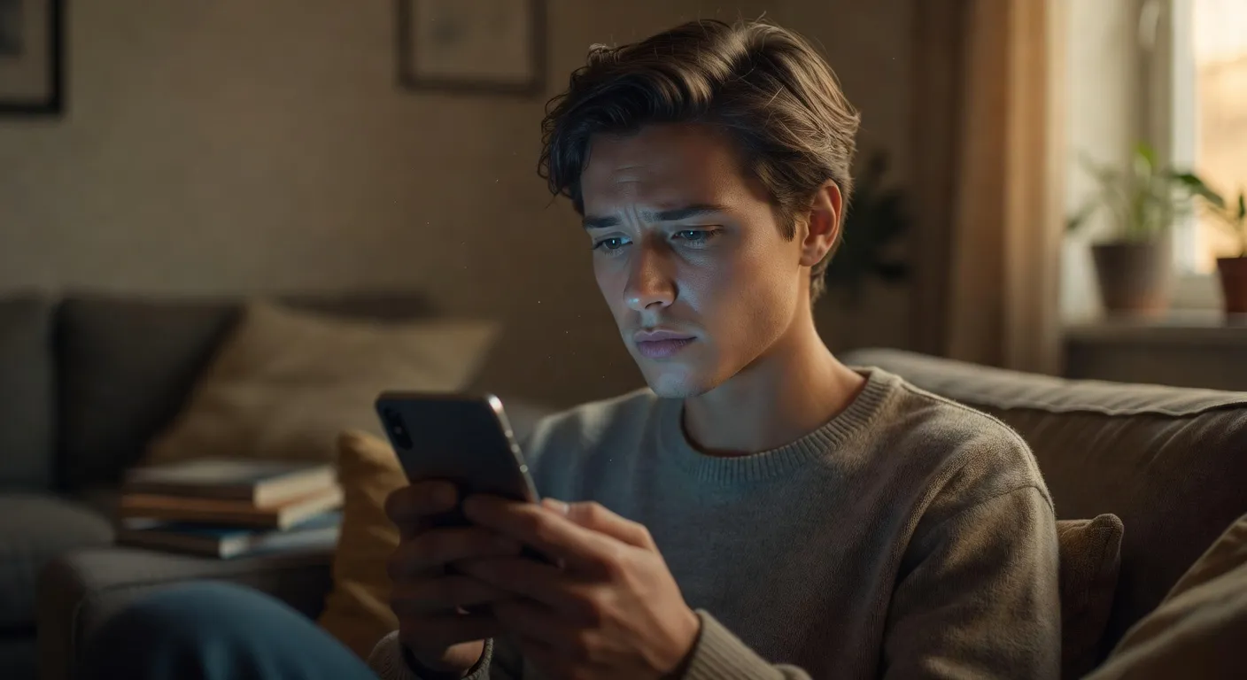 Personne regardant pensivemet son smartphone avec une application de rencontre ouverte, légère hésitation sur le visage