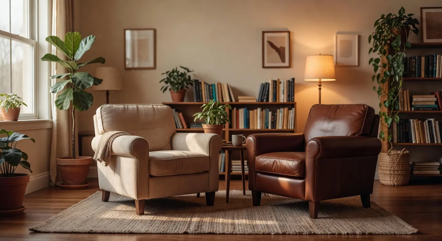 Fauteuils face-à-face dans un cabinet de thérapie, lumière douce, plantes vertes, atmosphère apaisante