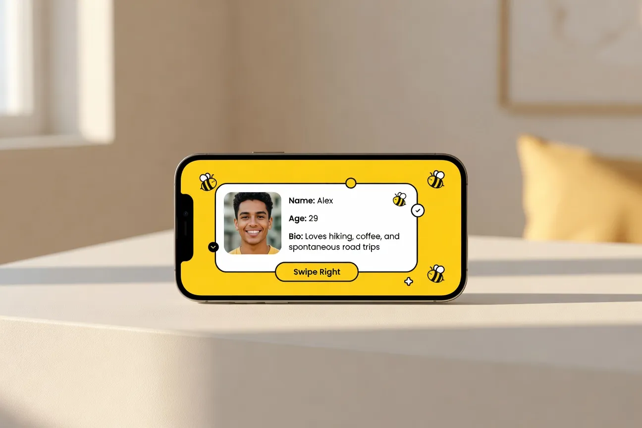 Interface Bumble Date France 2026 — exemple de profil et timer 24h