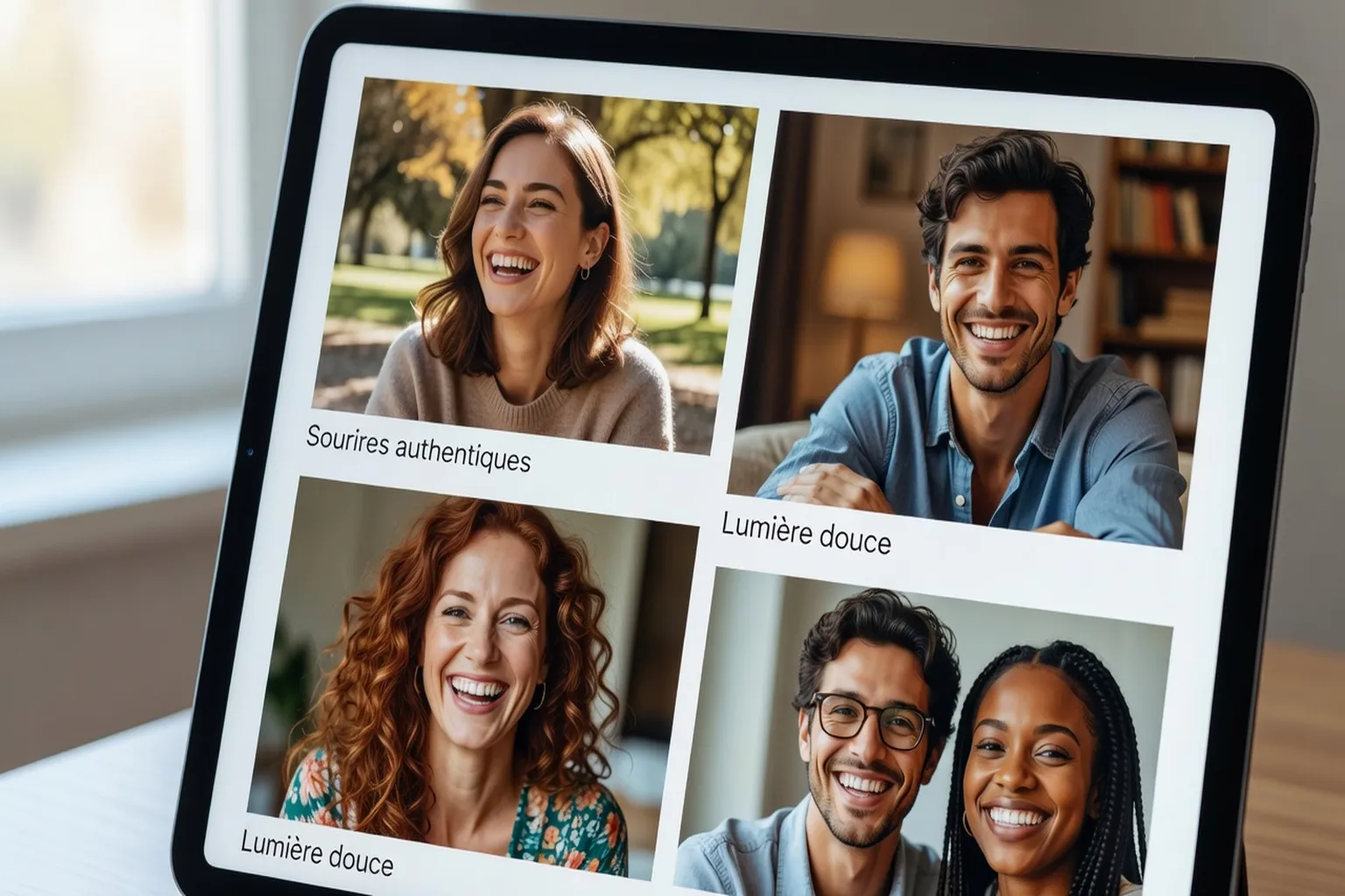 Sélection de photos de profil de rencontre sur écran, sourires authentiques, lumière douce