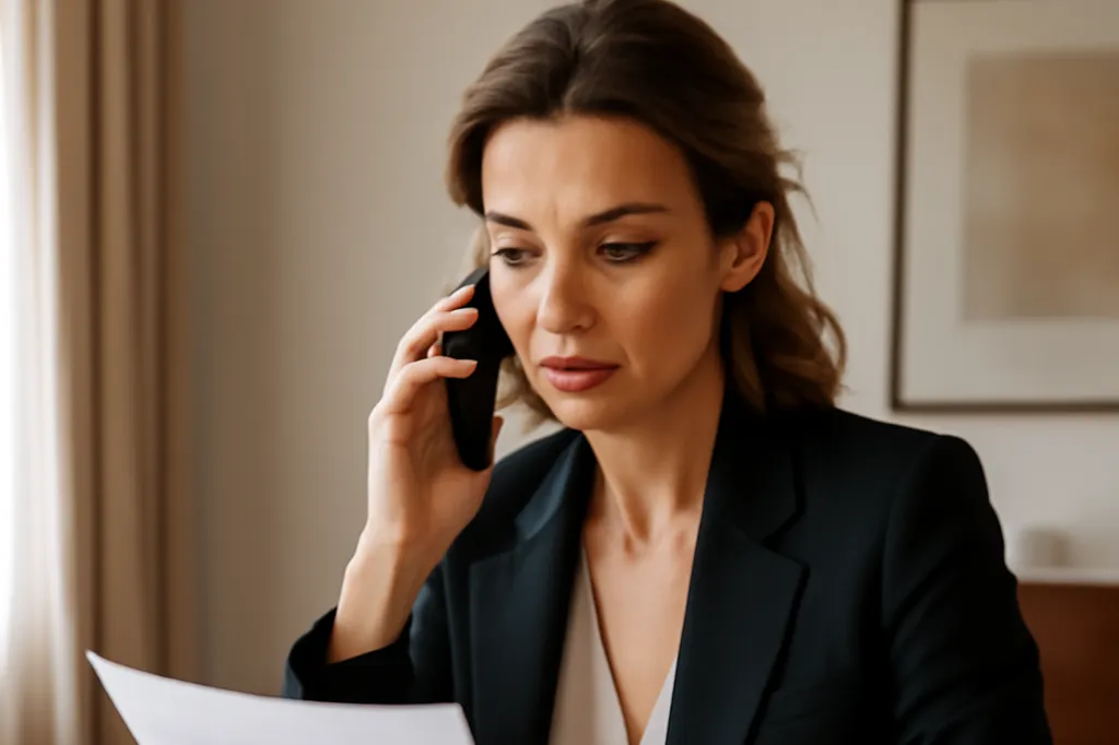 Femme adulte au téléphone consultant des documents officiels, contexte de démarche administrative urgente