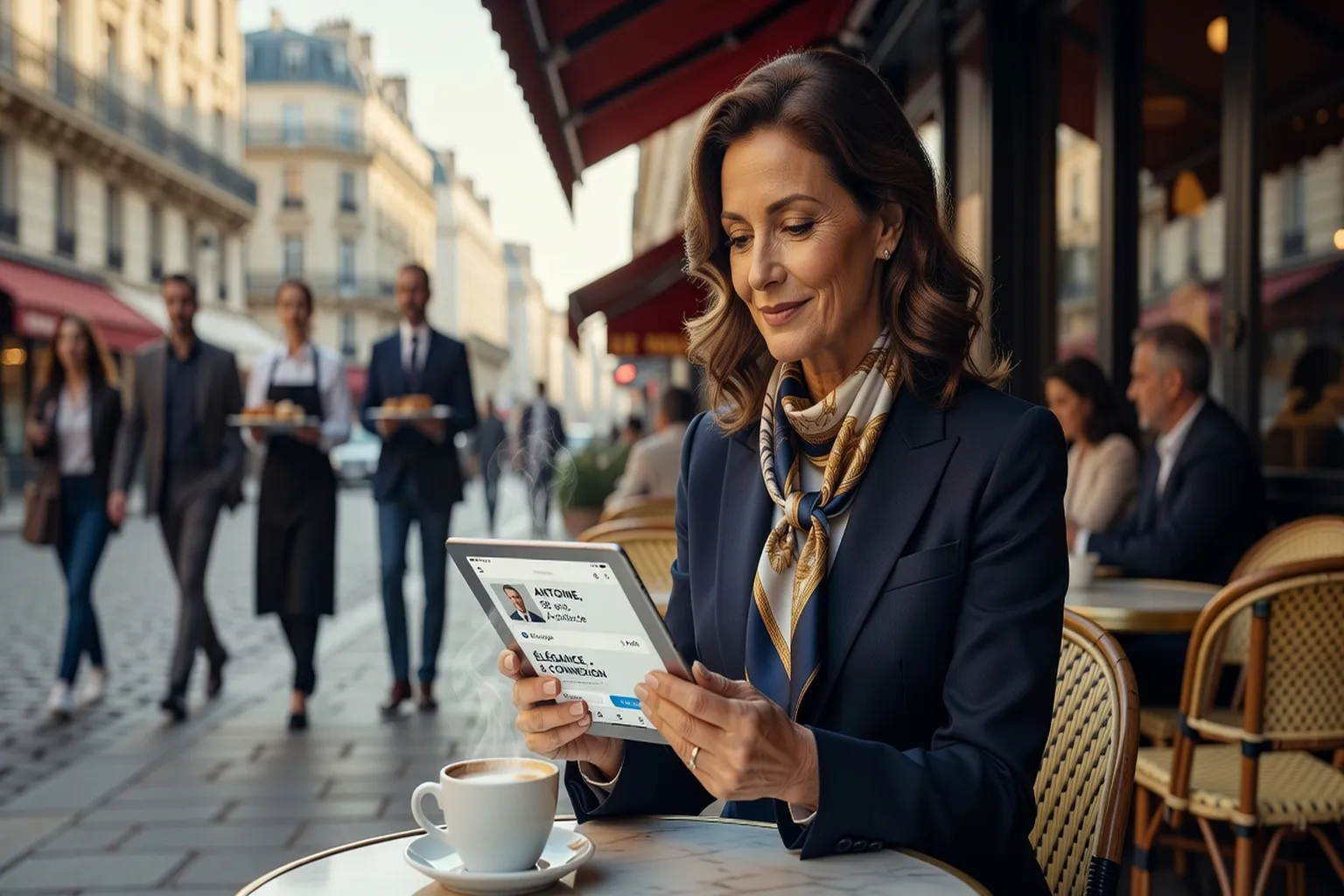 Femme de 55 ans consultant une application de rencontre sur tablette en terrasse parisienne