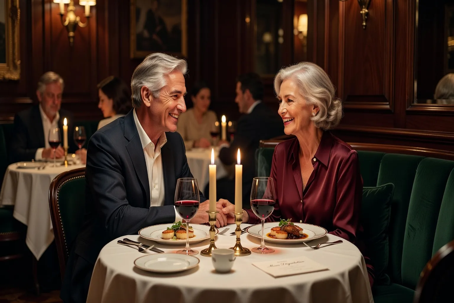 Couple senior heureux de 55-60 ans lors d’un dîner romantique aux chandelles