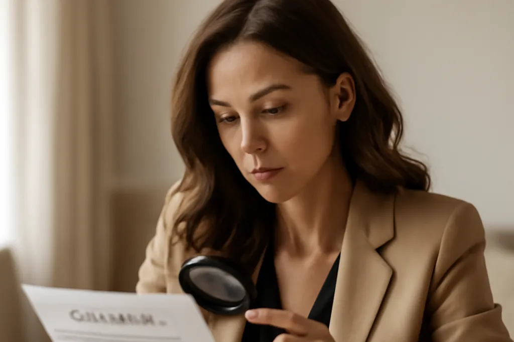 Femme adulte lisant attentivement un contrat d'agence matrimoniale à son bureau