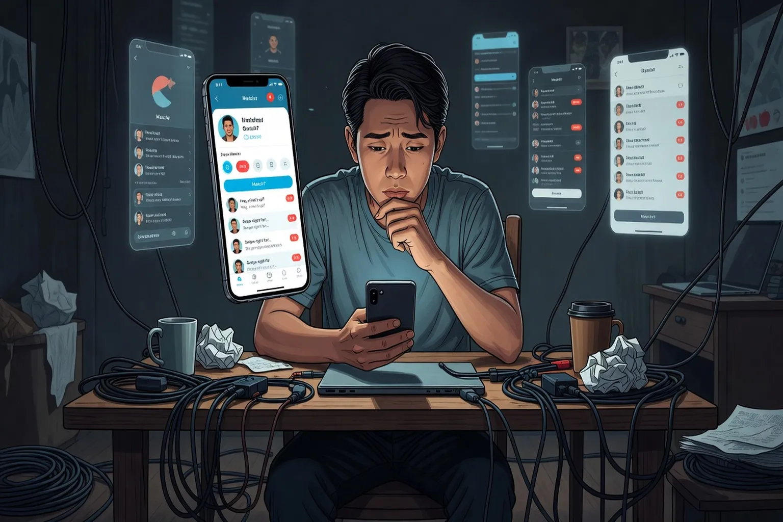 Personne tenant un smartphone avec une application de rencontre, air préoccupé