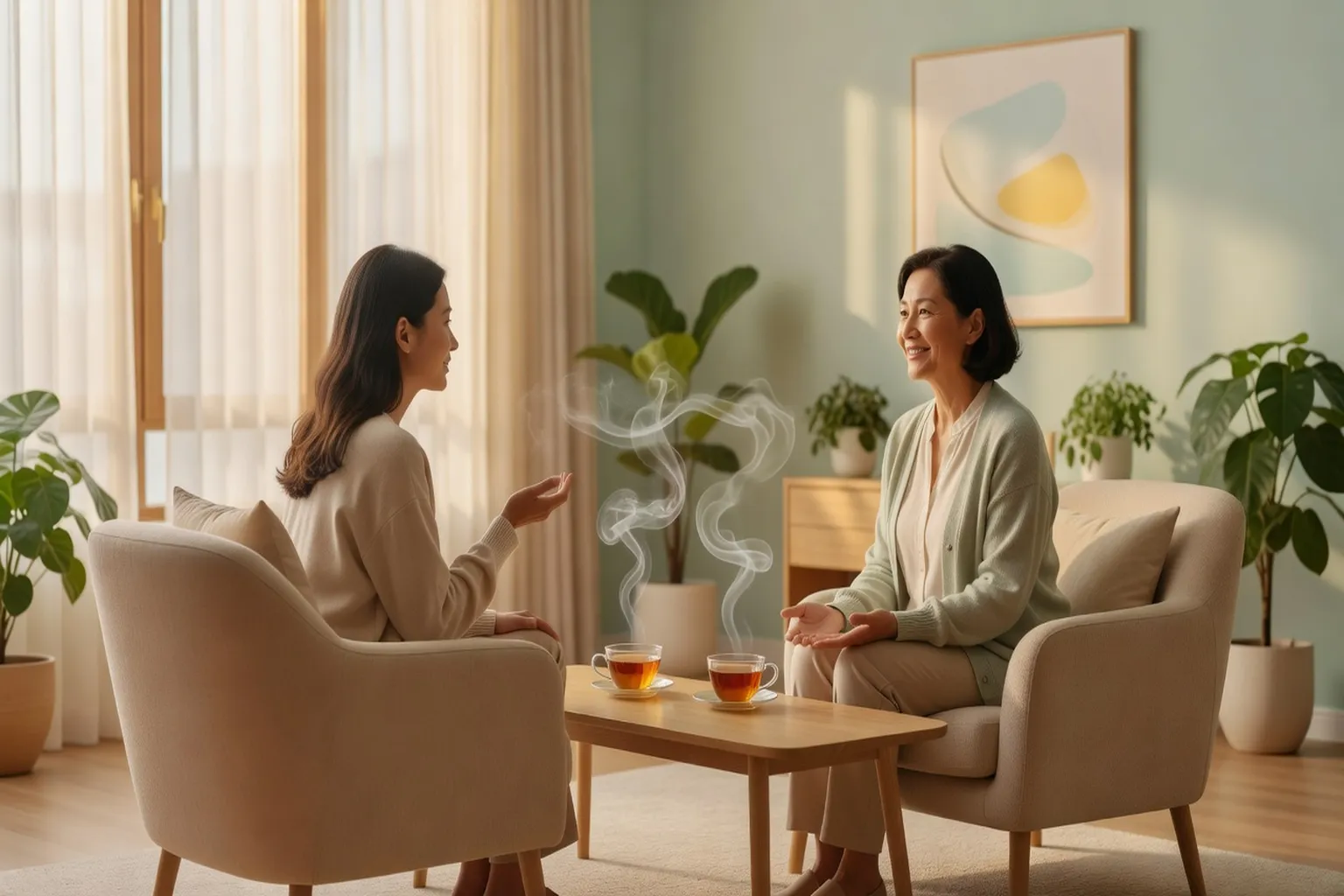 Séance de thérapie conceptuelle, dialogue dans un bureau lumineux