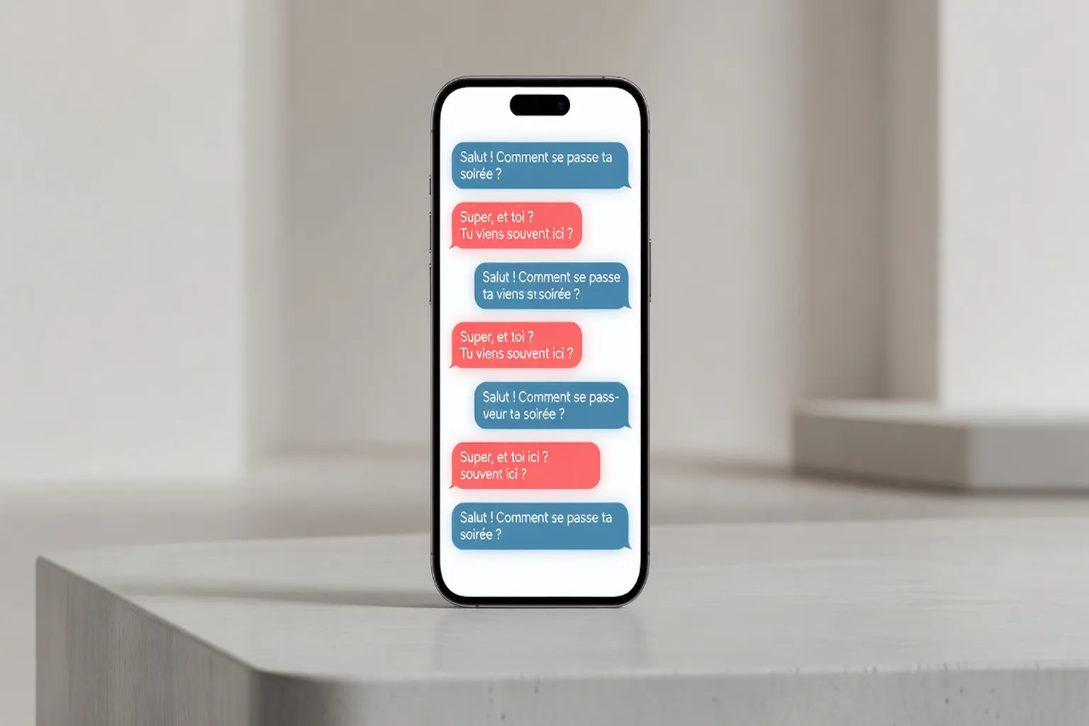 Smartphone ouvert sur une conversation de rencontre avec des bulles de texte stylisées, fond moderne