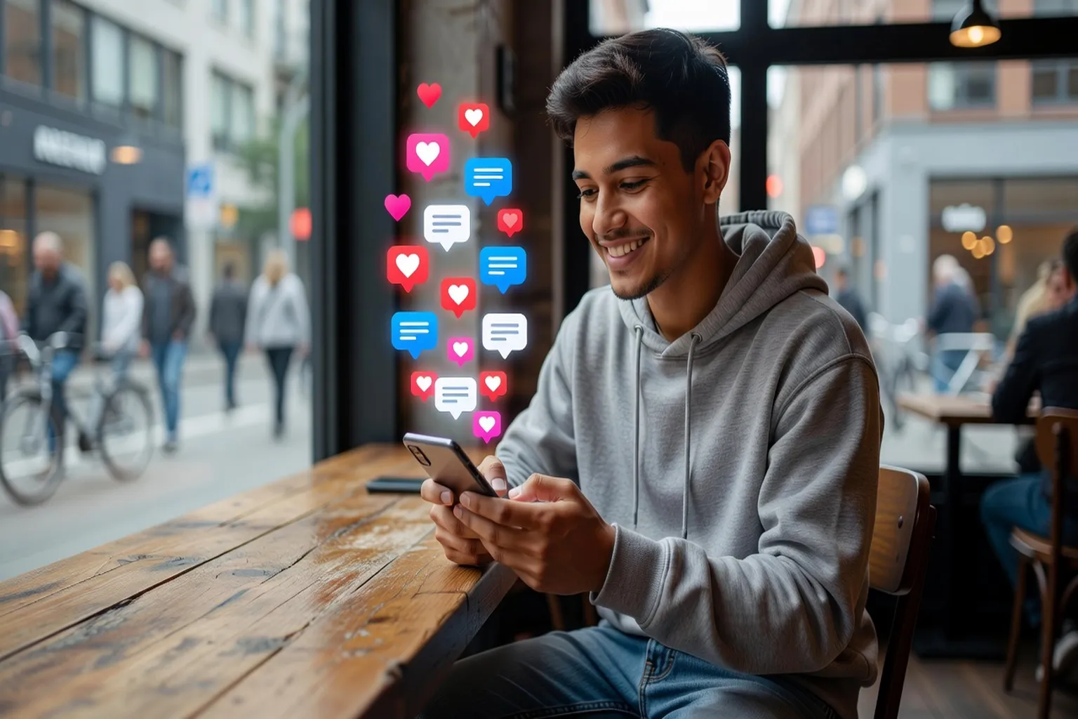 Jeune adulte souriant devant son téléphone avec des icônes de cœurs et de messages stylisés, ton contemporain