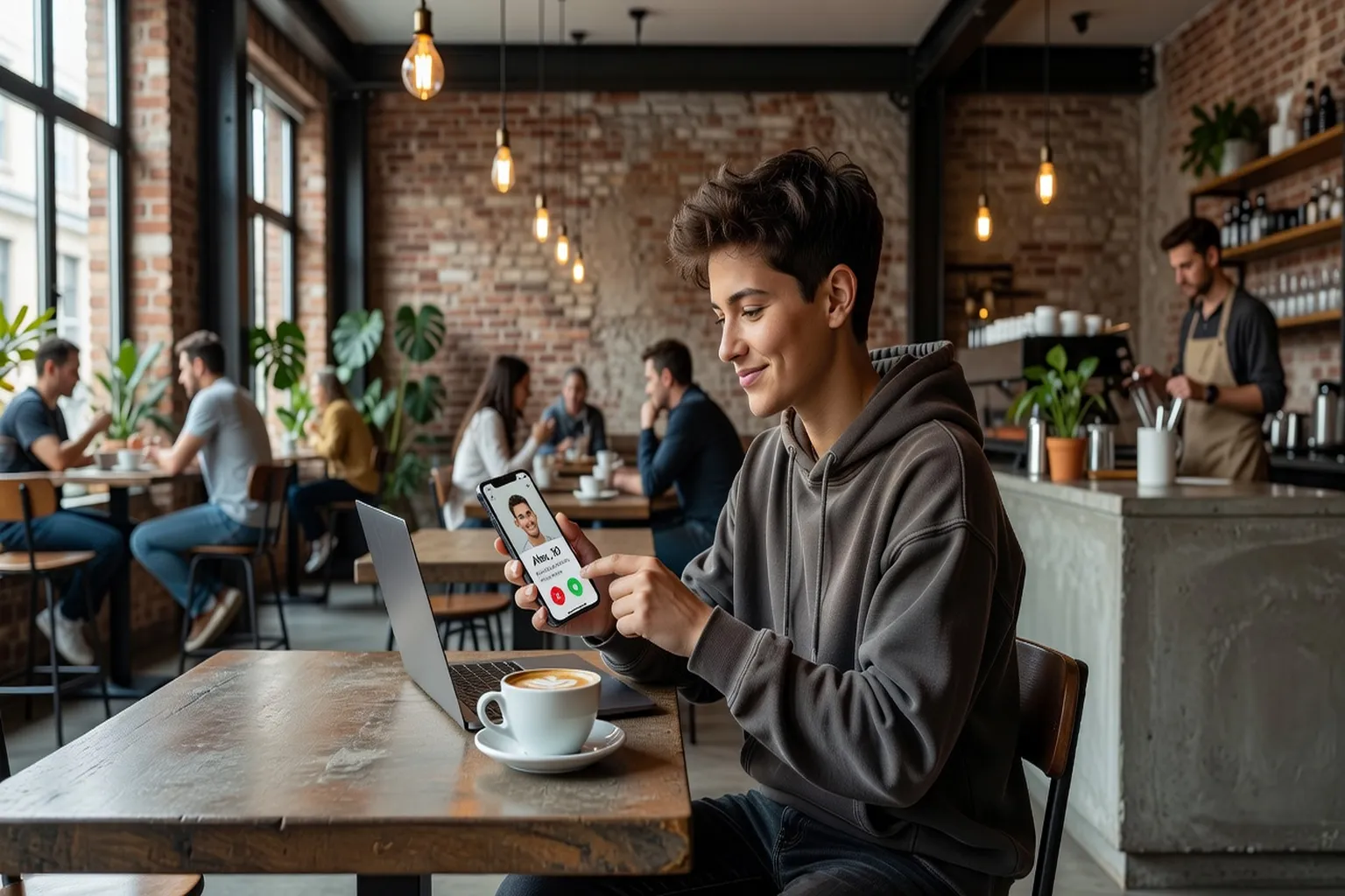Jeune adulte de 28 ans swipant sur une application de rencontre dans un café branché, ton moderne et décontracté
