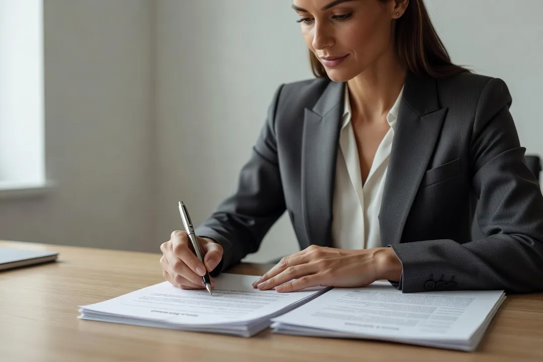 Couple assis à une table avec des documents officiels et un dossier administratif ouvert