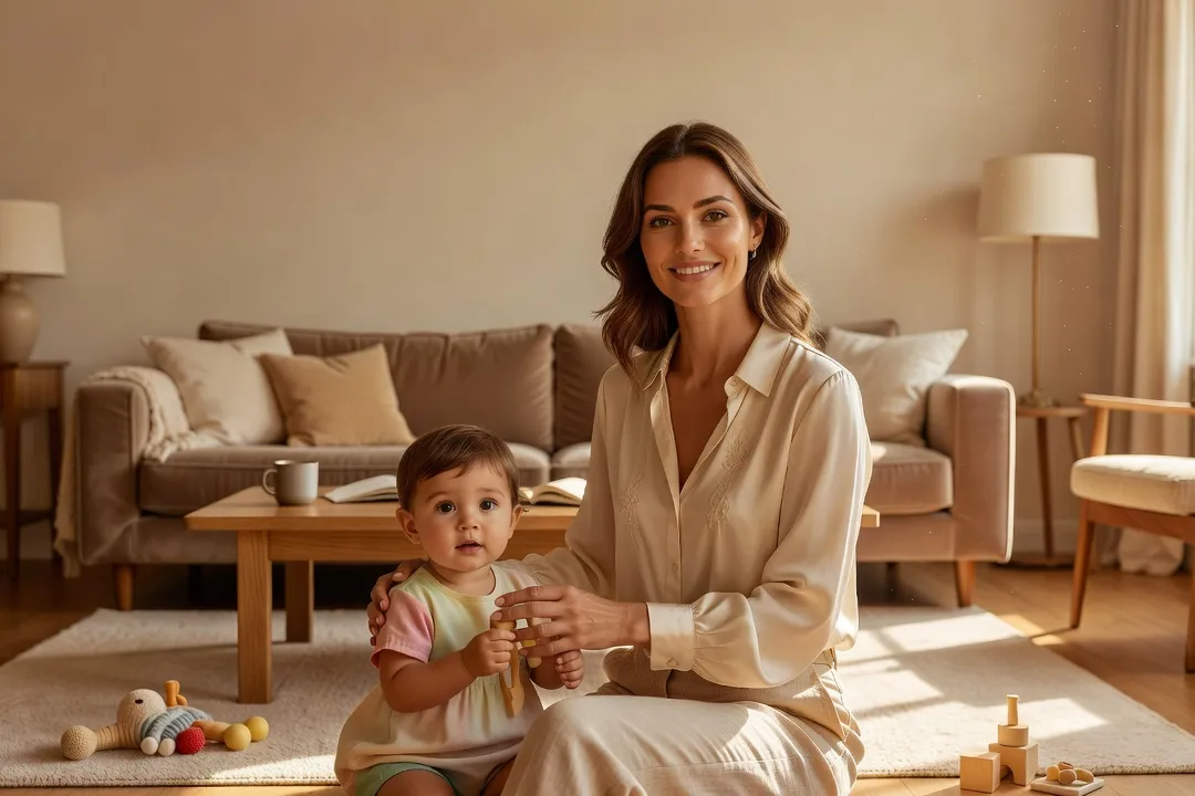 Famille de nationalités différentes avec un enfant dans un salon lumineux