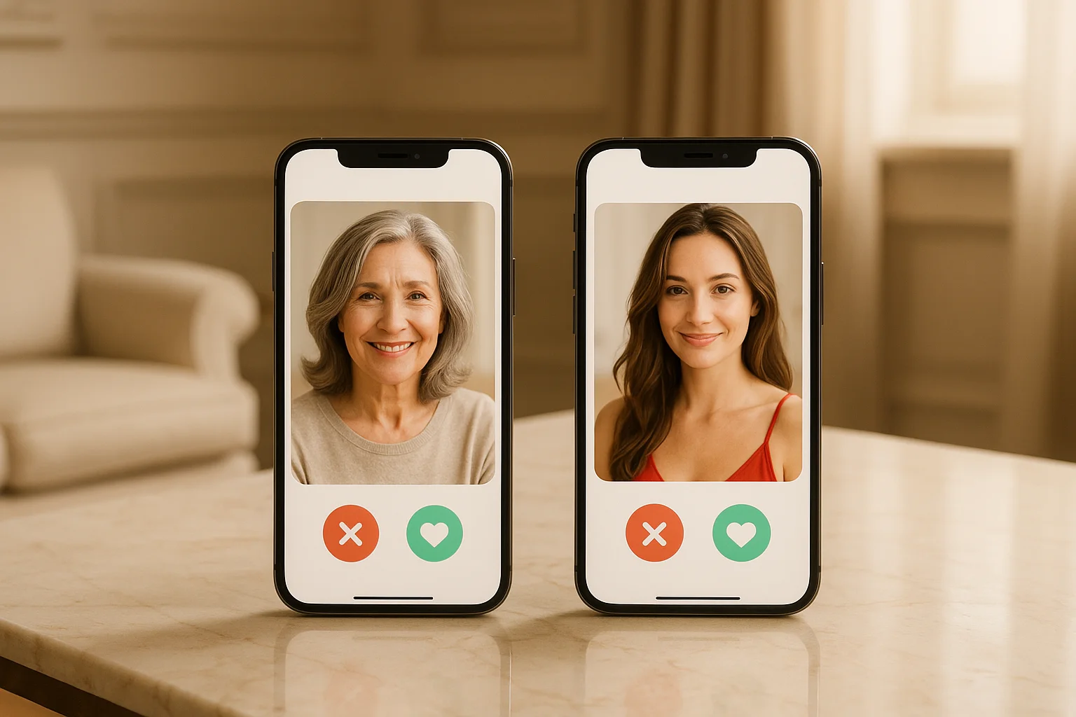 Deux smartphones affichent des interfaces de rencontre généraliste et senior