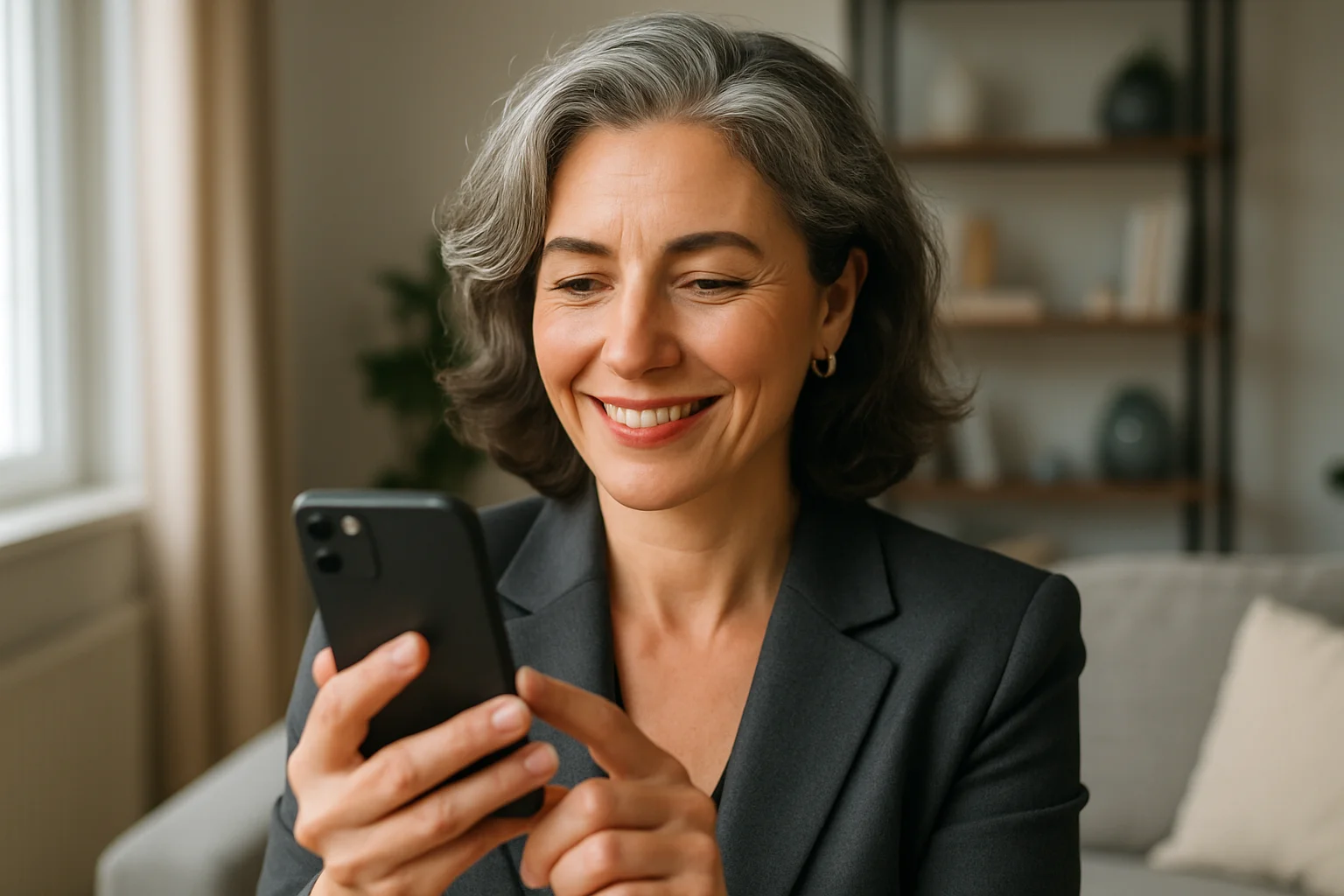 Femme de 50 ans souriante consultant une application de rencontre
