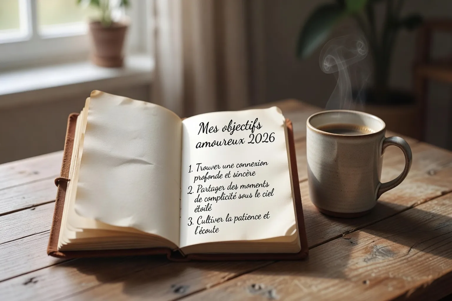 Carnet avec liste d’objectifs amoureux 2026 et une tasse de café, lumière naturelle
