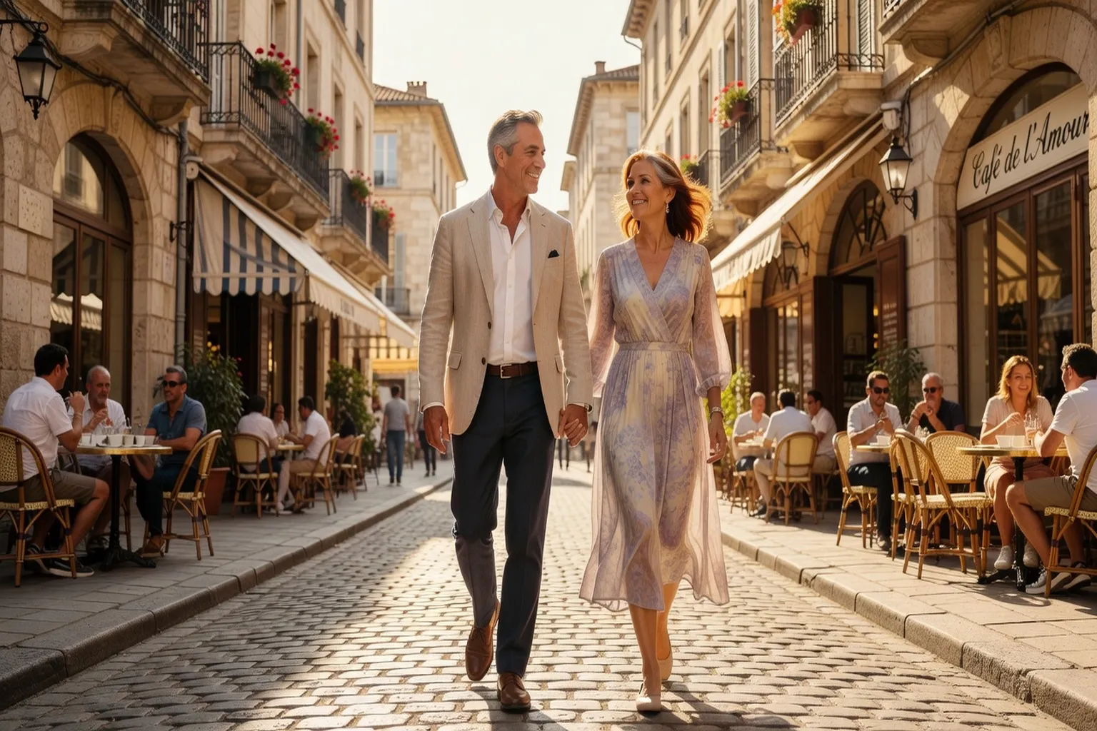 Couple heureux de 50 ans lors d’une sortie romantique, promenade en ville, ton positif et ensoleillé