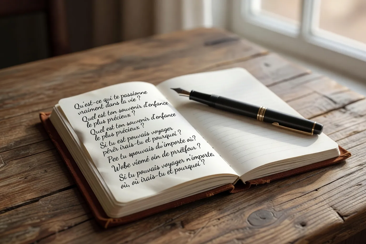 Carnet avec liste de questions pour un premier rendez-vous, stylo posé dessus, lumière naturelle