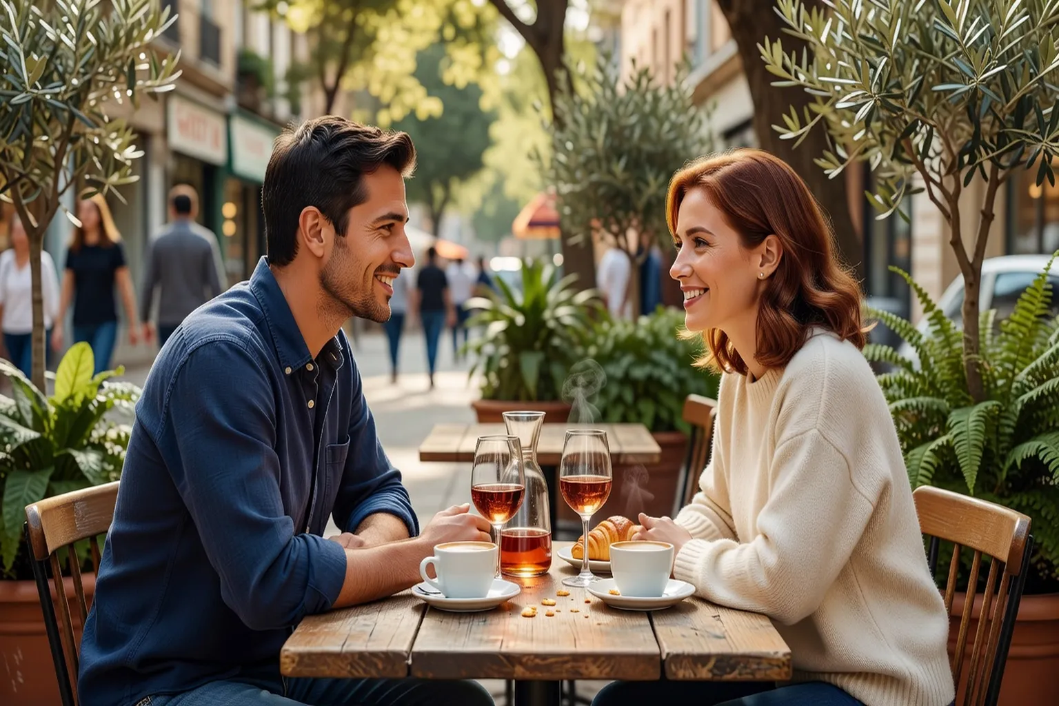 Deux personnes en conversation engagée lors d’un premier rendez-vous romantique, sourires sincères