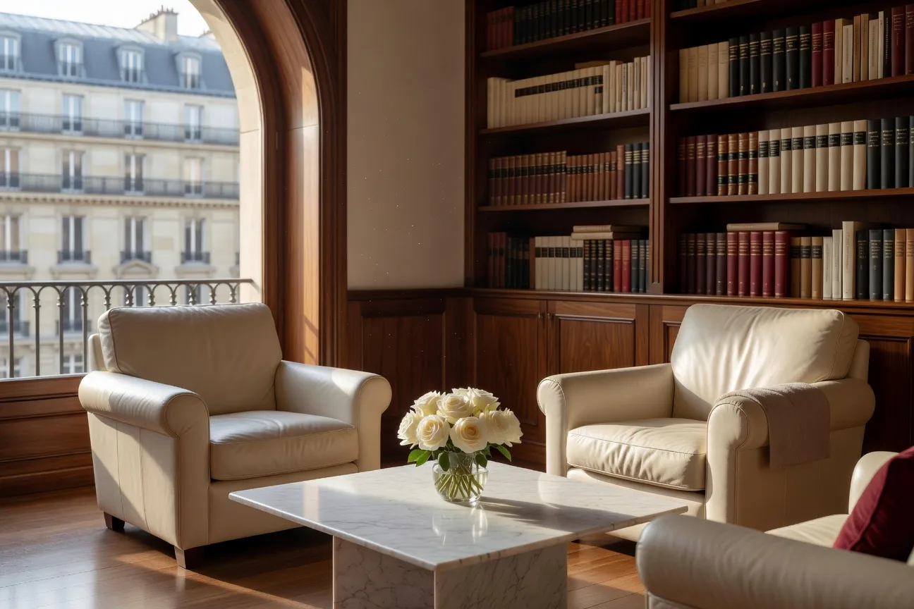 Cabinet de coaching parisien, deux fauteuils en discussion, lumière douce