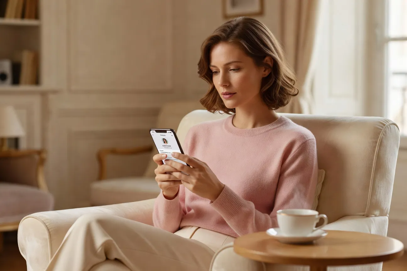 Femme française trentaine consultant son téléphone avec une appli de rencontre, expression réfléchie