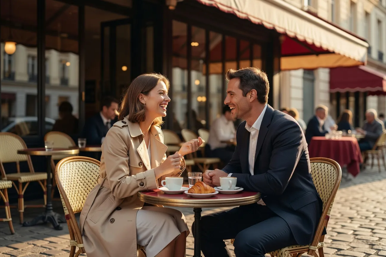 Couple français trentaine en discussion détendue dans un café parisien