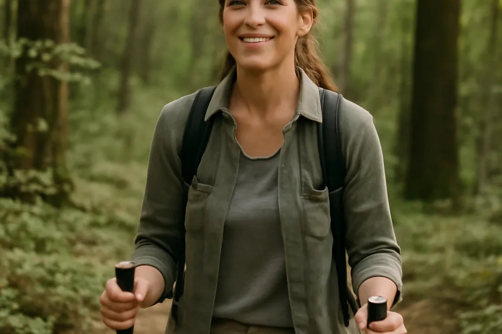 Femme pratiquant une randonnée en forêt, détendue et épanouie
