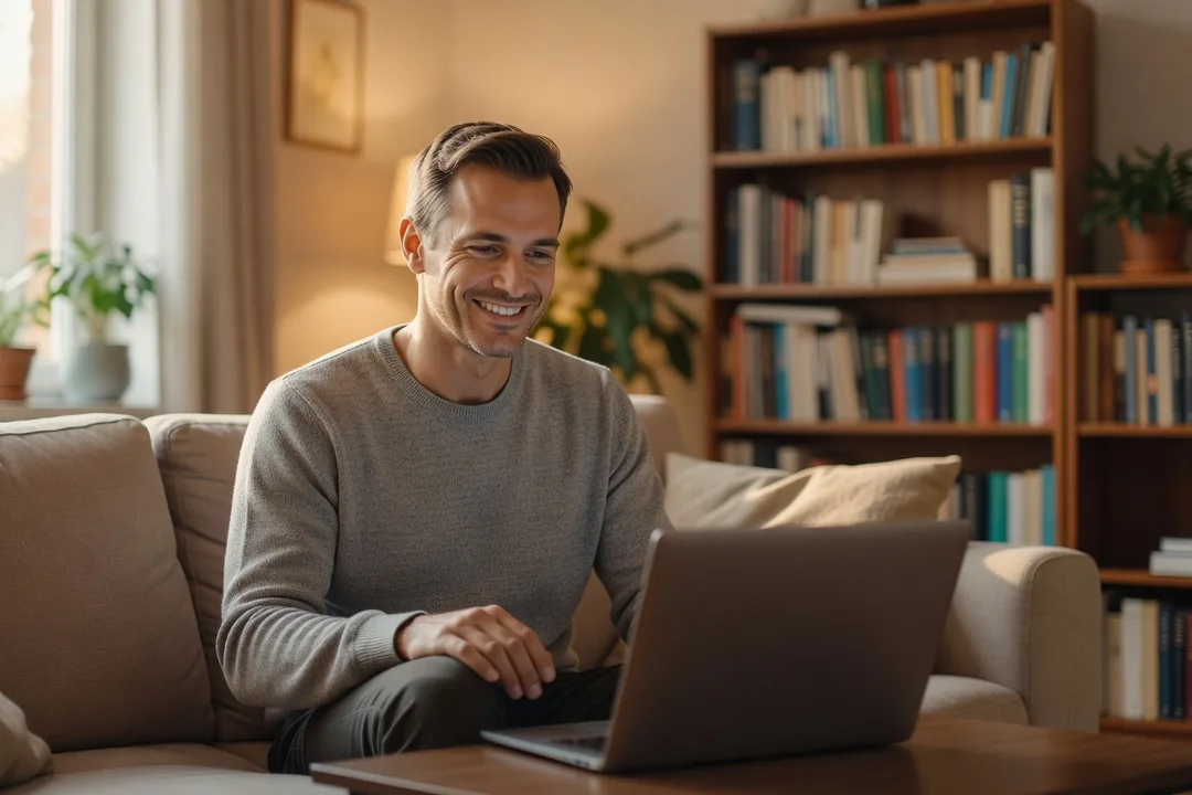 Homme souriant lors d'un appel vidéo sur ordinateur portable dans son salon