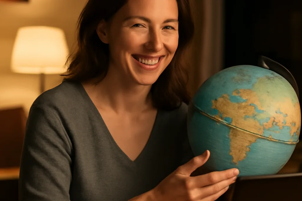 Femme en appel vidéo avec un globe terrestre à proximité de son ordinateur