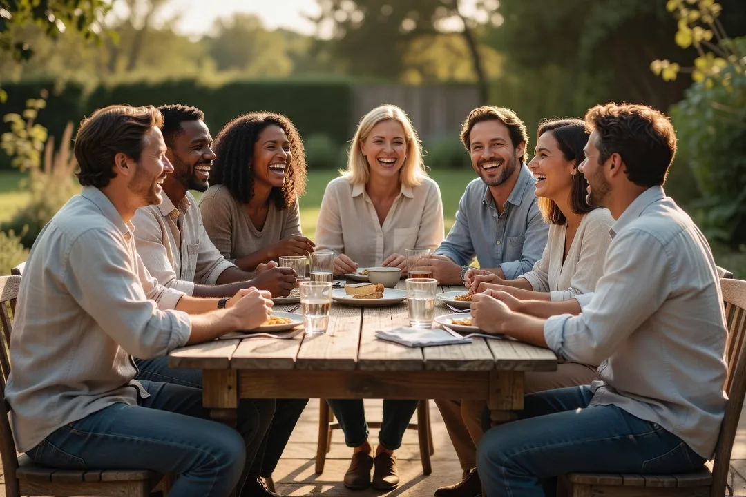 Groupe d'amis riant ensemble autour d'une table en extérieur
