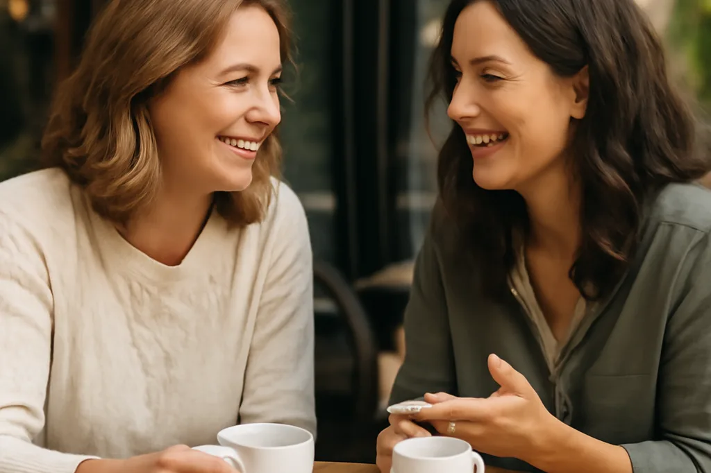 Deux amies discutant chaleureusement autour d'un café en terrasse