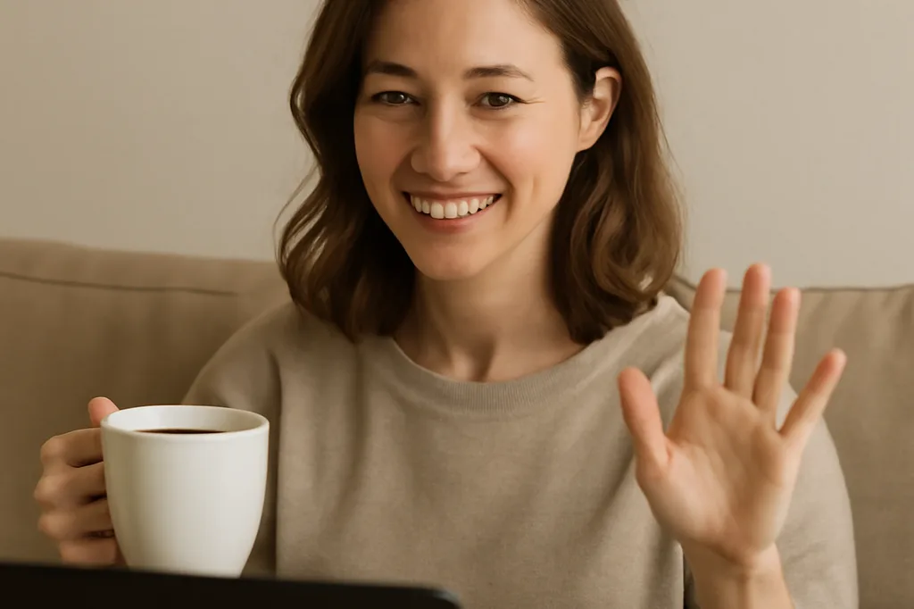 Femme détendue en appel vidéo à la maison avec une tasse de café