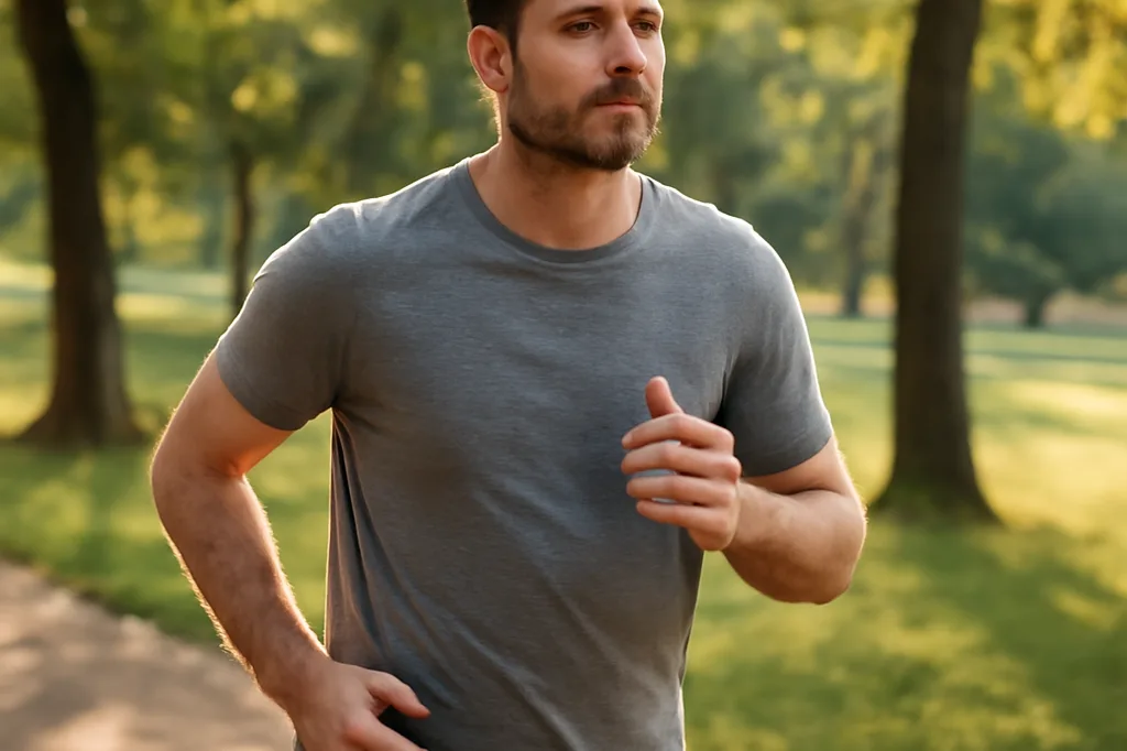 Homme pratiquant la course à pied en plein air, déterminé et serein