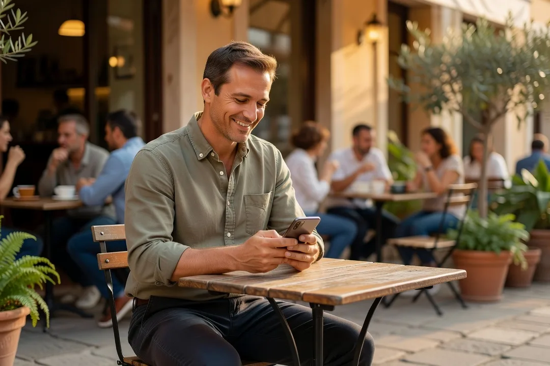 Homme souriant en lisant une réponse à son message sur son téléphone
