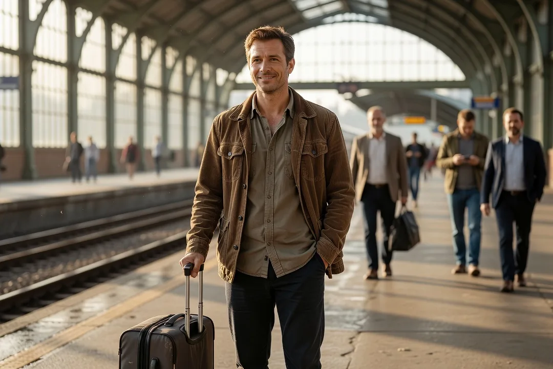 Homme attendant avec une valise sur un quai de gare