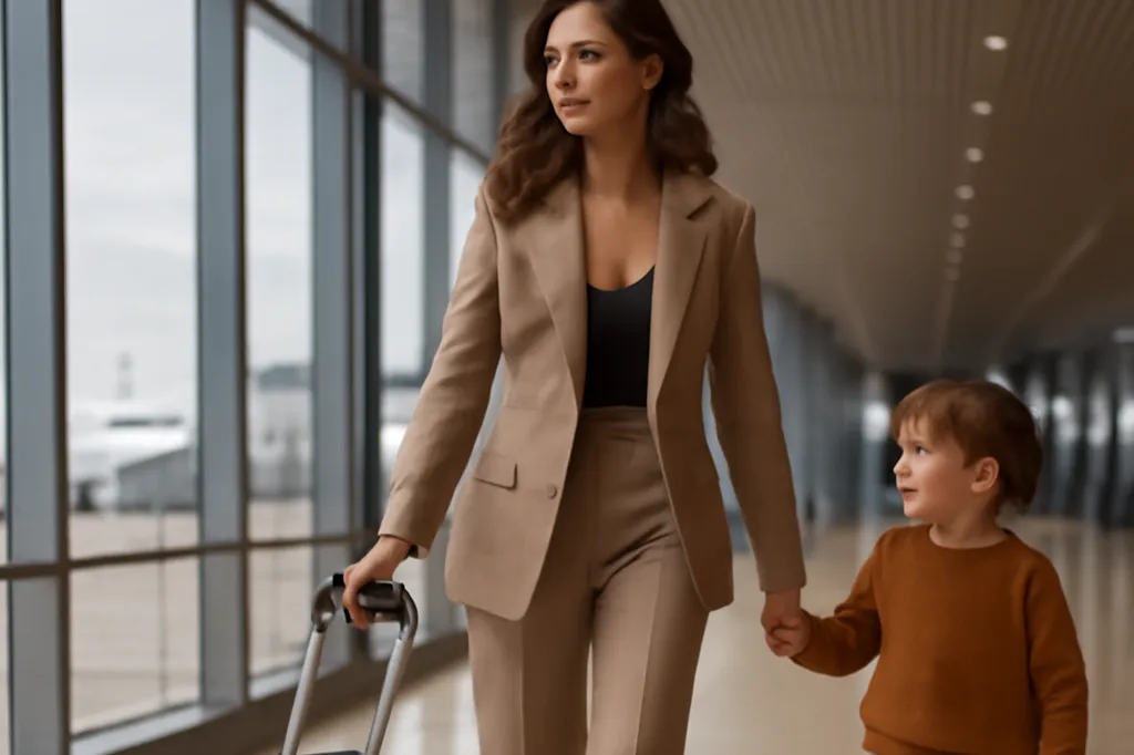 Parent et enfant dans un aéroport avec valises, symbole des déplacements internationaux après séparation