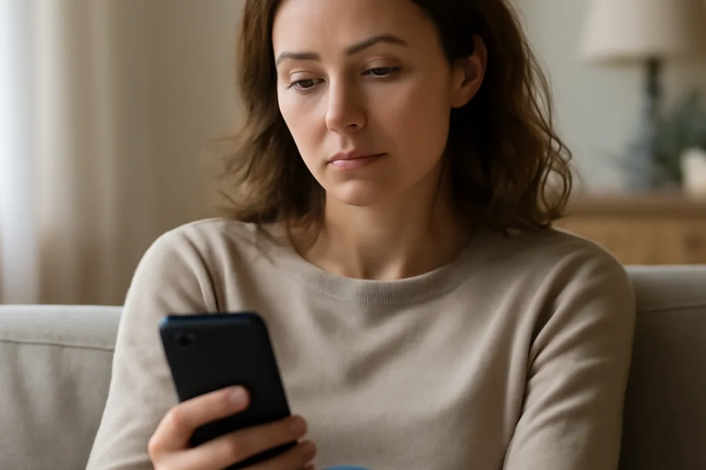 Femme pensive regardant son smartphone dans un intérieur calme