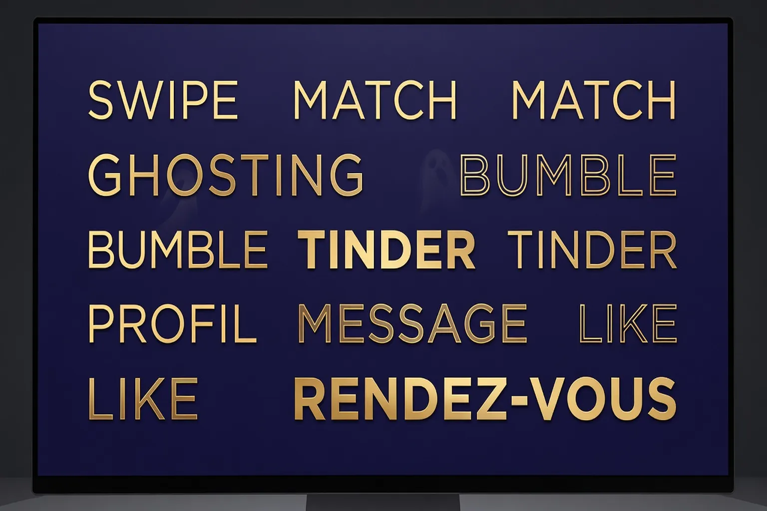 Écran d'ordinateur avec lexique visuel de termes de rencontre en ligne, typographie moderne sur fond indigo