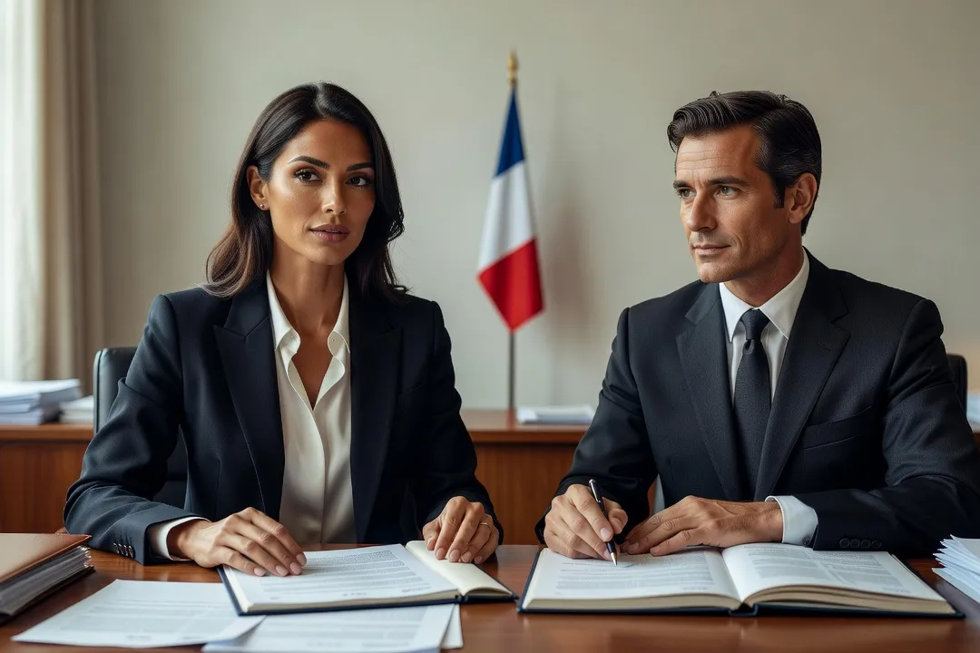 Couple de nationalités différentes signant des documents administratifs dans un bureau lumineux
