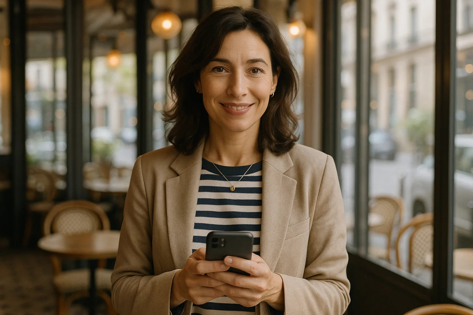 Femme de 40 ans souriante dans un café parisien tenant un smartphone, illustrant le choix entre Meetic et Disons Demain