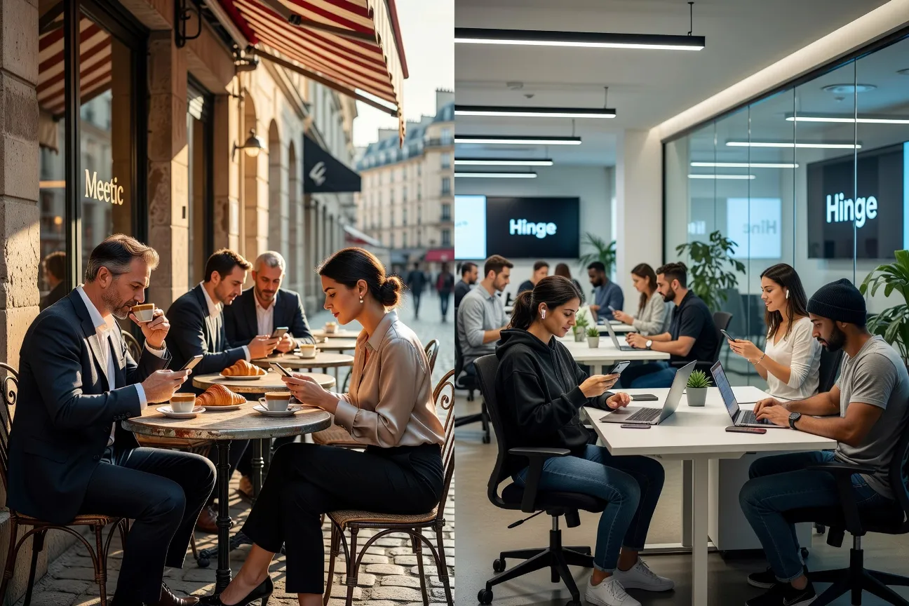 Comparatif Meetic vs Hinge 2026 — logos des deux applications côte à côte