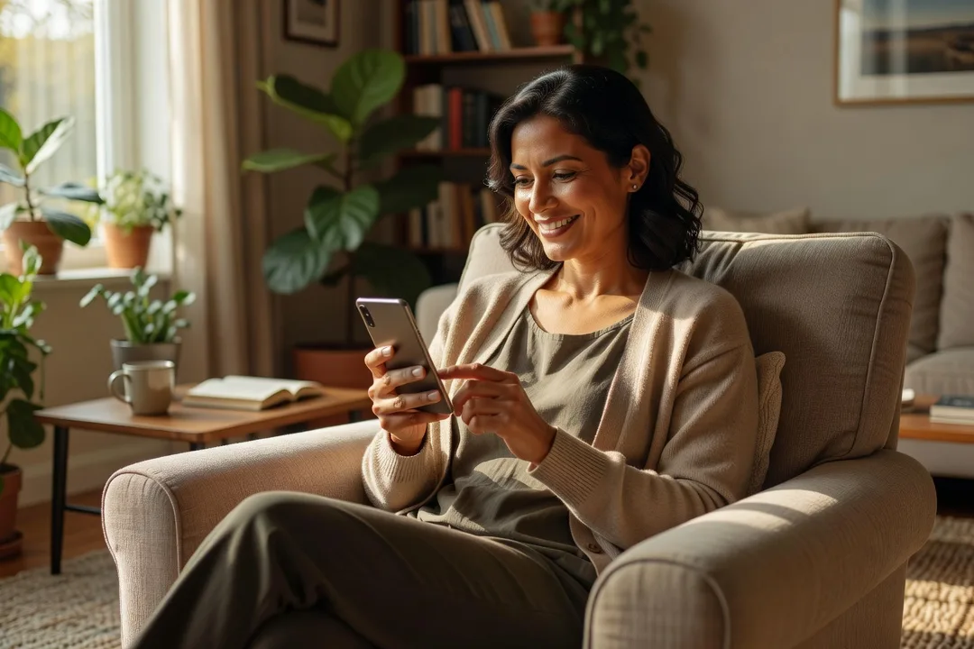 Femme souriante rédigeant un premier message de rencontre sur son smartphone dans son salon