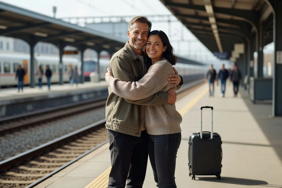 Couple se retrouvant chaleureusement dans une gare avec une valise