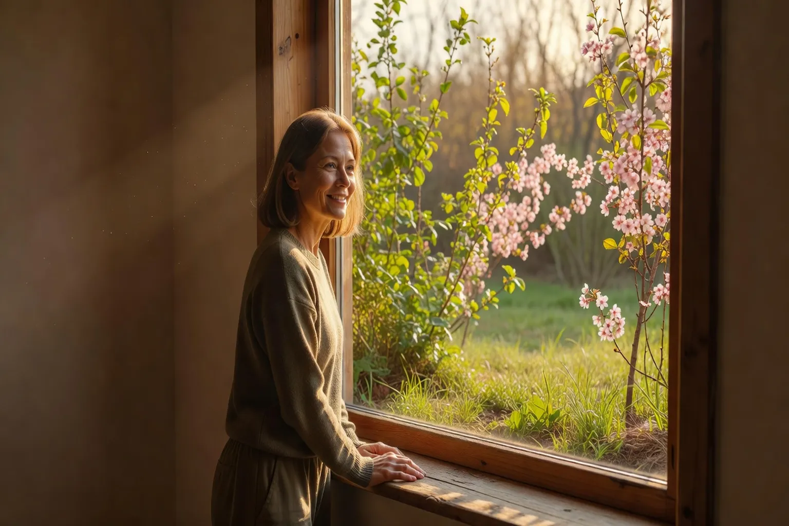 Adulte de 45 ans regardant l'horizon avec sérénité, symbolisant le renouveau amoureux après divorce
