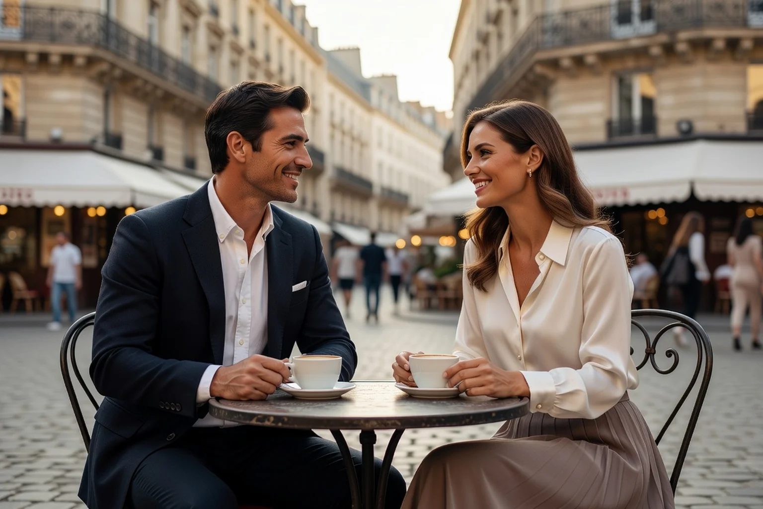 Deux adultes souriants se rencontrant pour un café en terrasse dans un lieu public et animé, premier rendez-vous détendu