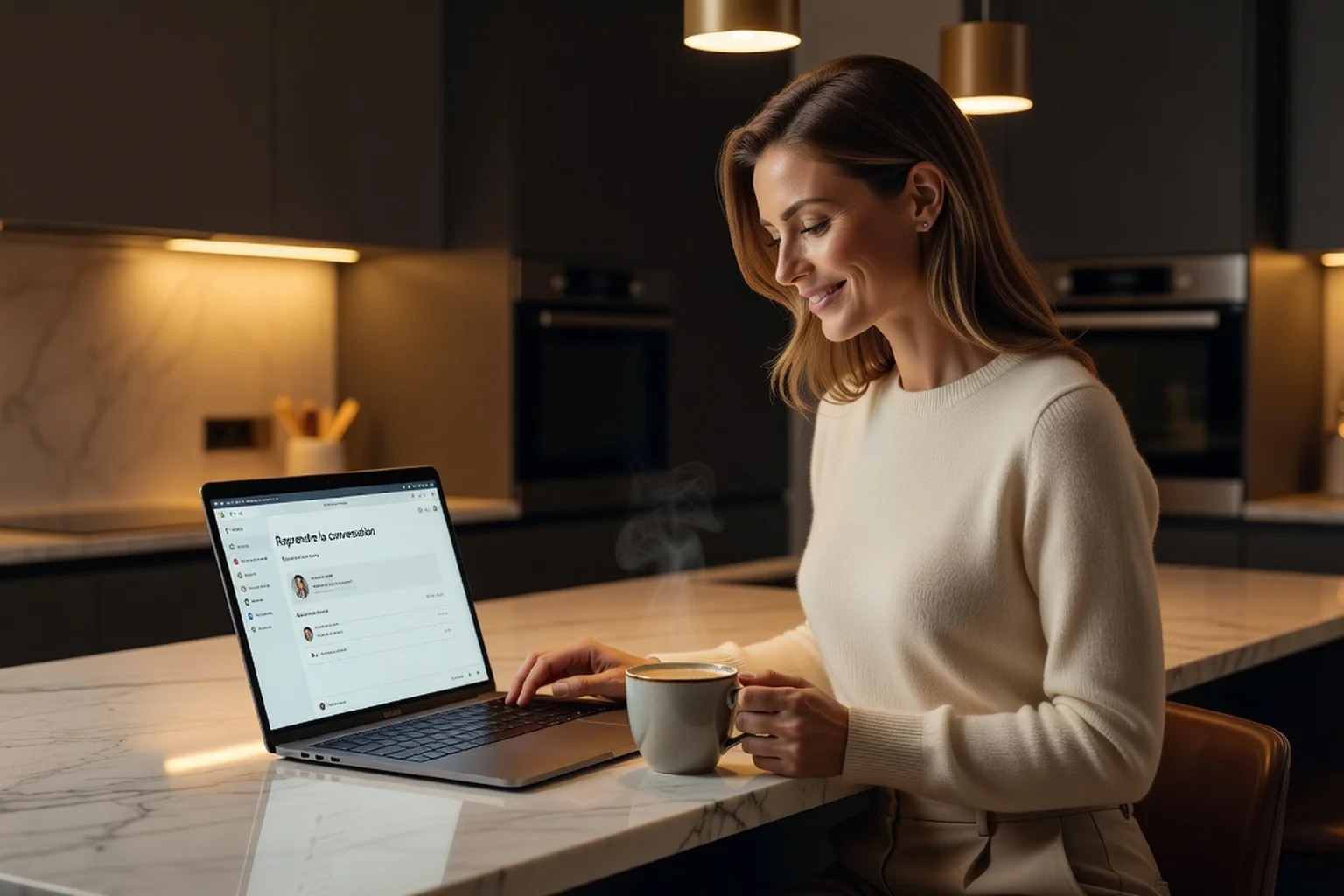 Mère de famille reprenant une conversation sur une application de rencontre sérieuse, ordinateur portable ouvert sur la table de la cuisine le soir